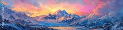 Alpenglow at Sunset on Mt Denali in Alaska. Panoramic View of US Mountain