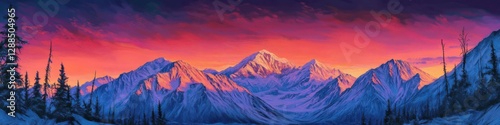 Alpenglow Sunset on Mt. Denali, Alaska. Panoramic View of the Us Mountain