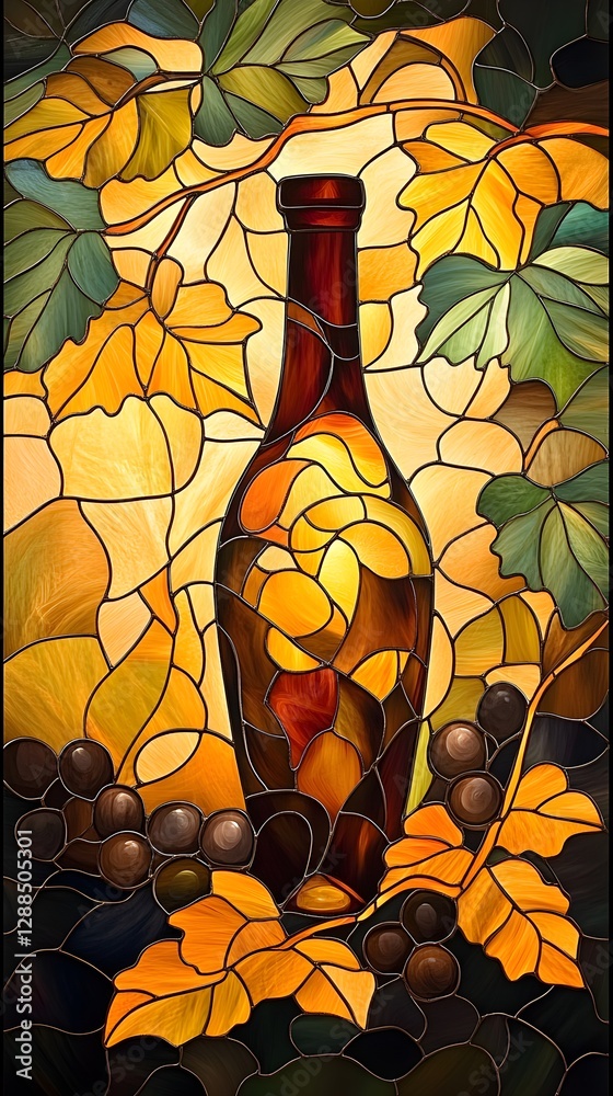 A stunning Art Nouveau stained glass design featuring a rich wine, surrounded by golden grapevines and intricate filigree details.