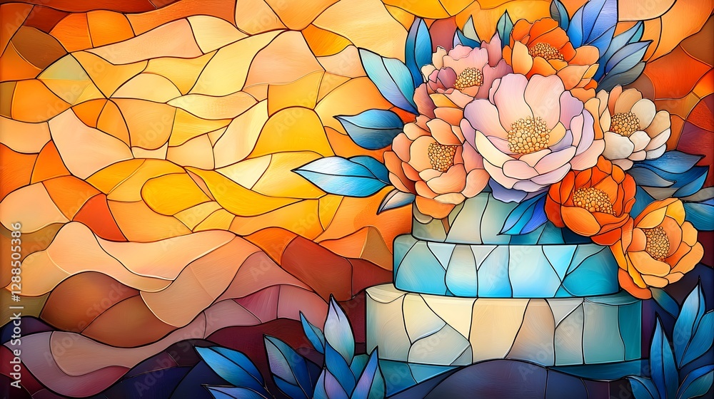 A mesmerizing stained glass rendering of an opulent cake, featuring intricate details, rich colors, and a luminous, ethereal glow, exuding elegance and indulgence.