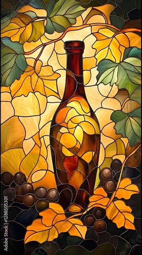 Obraz na płótnie A stunning Art Nouveau stained glass design featuring a rich wine, surrounded by golden grapevines and intricate filigree details. w salonie