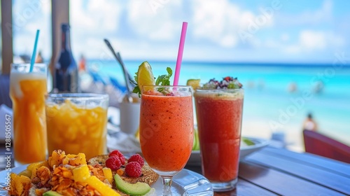 Beach bar cocktails, tropical fruit snacks, ocean view