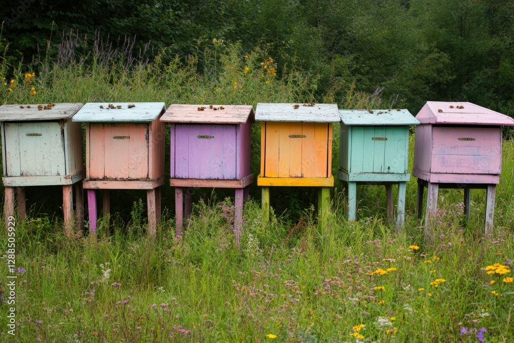 Colorful pastel beehives lined up in a vibrant garden during midsummer. Generative AI Colorful pastel beehives lined up in a vibrant garden during midsummer. Generative AI