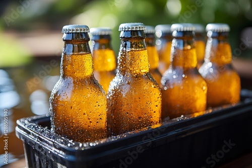 Cold beer bottles resting in black crate outdoors