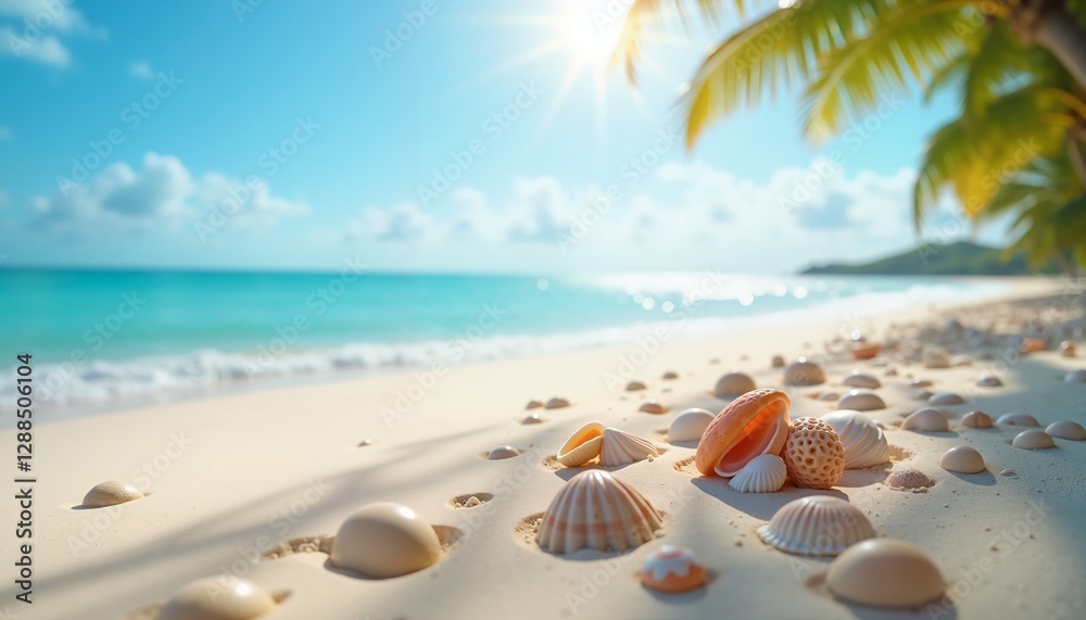 Tranquil beach with seashells and palm tree, summer relaxation, vacation backdrop Tranquil beach with seashells and palm tree, summer relaxation, vacation backdrop