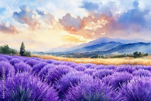 Lavender Field at Sunrise Watercolor Painting