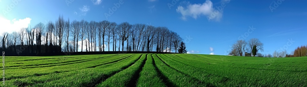 A panoramic view of lush green fields with neatly lined rows of crops under a clear blue sky and a distant tree line.