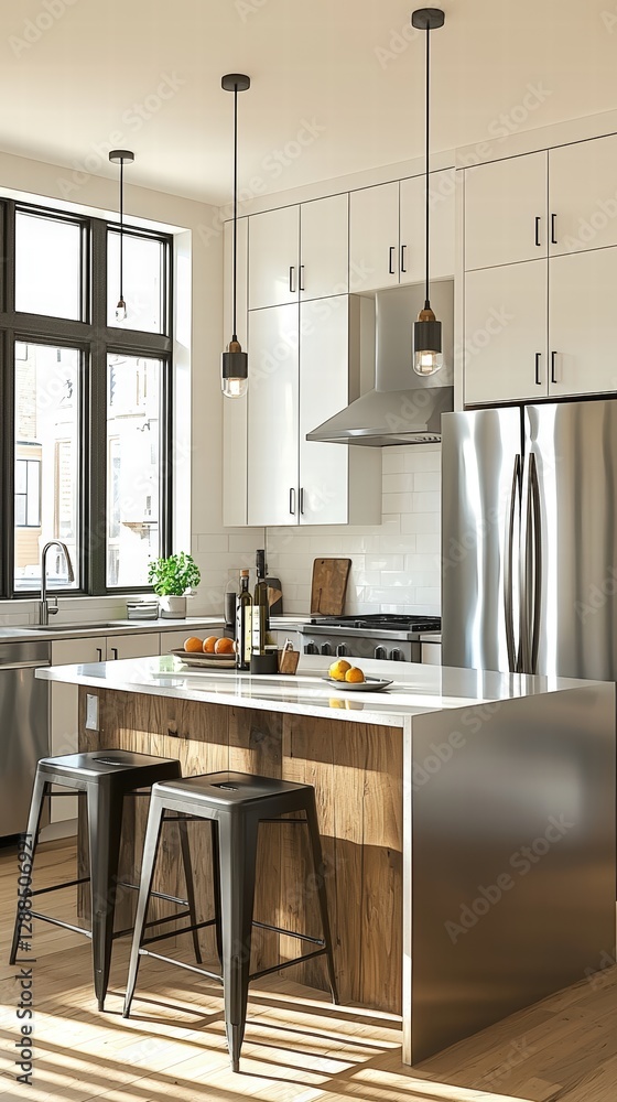 Fototapeta premium Elegant kitchen featuring a table and chairs perfect for family gatherings and meal sharing moments