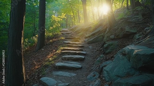 Appalachian Trail in Stokes State Forest New Jersey: Sunlit Rock Steps in Wooded Landscape
