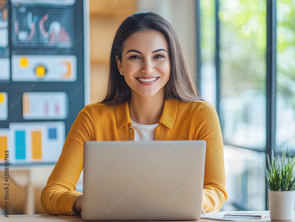 Smiling Woman Working on Laptop in Modern Office Setting, Productivity and Success Concept Smiling Woman Working on Laptop in Modern Office Setting, Productivity and Success Concept