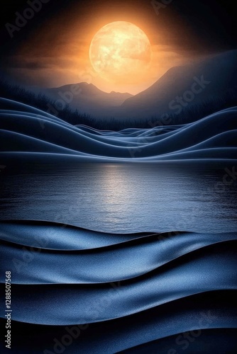 Serene Moonlit Landscape with Blue Waters and Mystical Silhouettes.Premium Wall Art