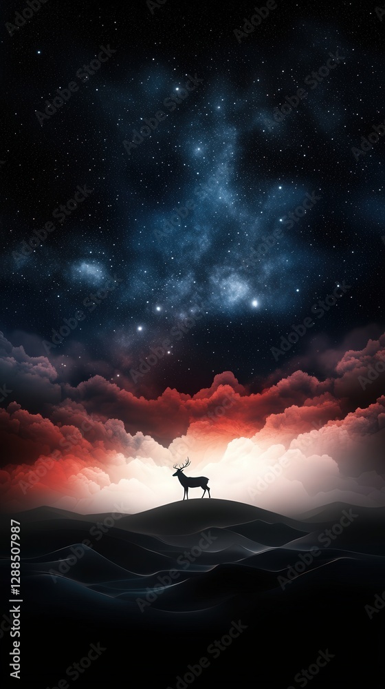 Fototapeta premium Mystical Deer Silhouette Under Starry Sky: A Tranquil Night in the Vast Cosmic Landscape.Minimalist Mobile Background 9:16