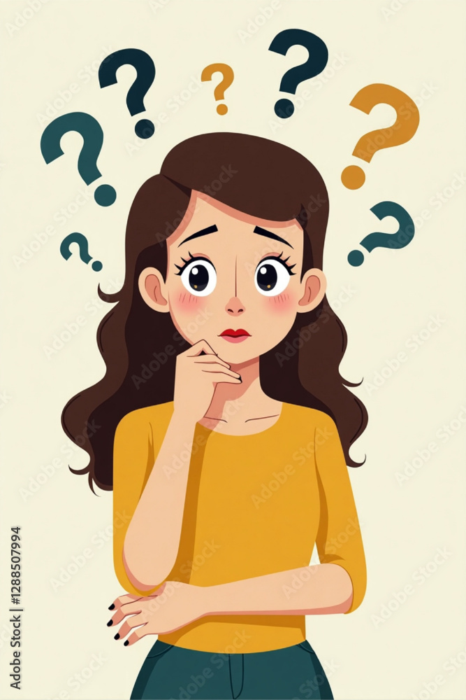 Pensive Woman Holding Chin with Question Marks Above Her Head, Concept of Curiosity and Inquiry Pensive Woman Holding Chin with Question Marks Above Her Head, Concept of Curiosity and Inquiry