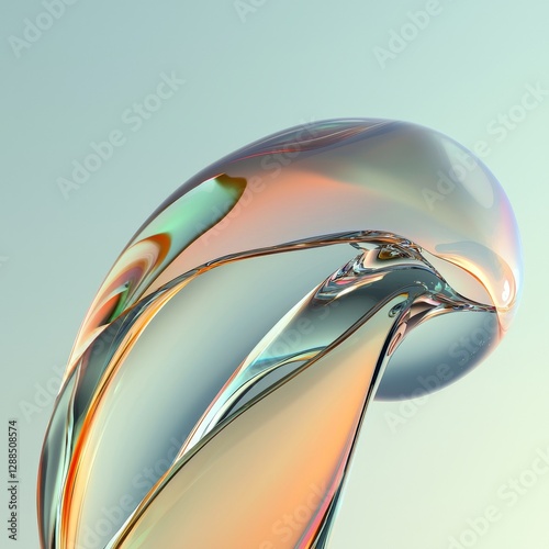 A 3D holographic gradient drop takes on a liquid shape, accompanied by abstract elements, as liquid metal bubbles splash around it in a computer-generated rendering
