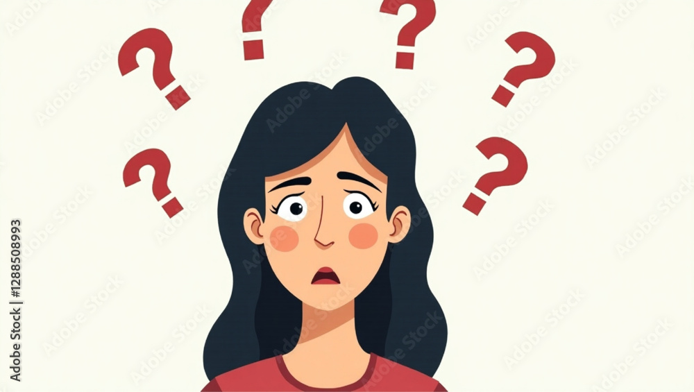 Perplexed Woman with Question Marks Above Head, Depicting Confusion and Need for Clarity Perplexed Woman with Question Marks Above Head, Depicting Confusion and Need for Clarity