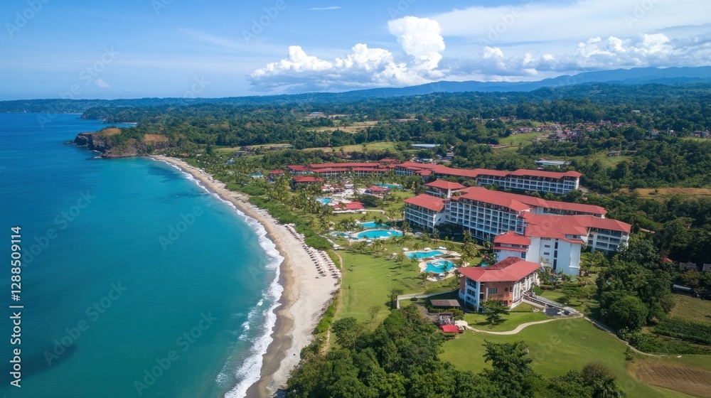 Coastal resort aerial view, tropical beach, ocean, hills, vacation Coastal resort aerial view, tropical beach, ocean, hills, vacation