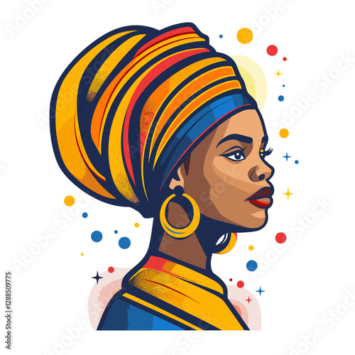 Beautiful African woman with turban on head. Vector illustration.