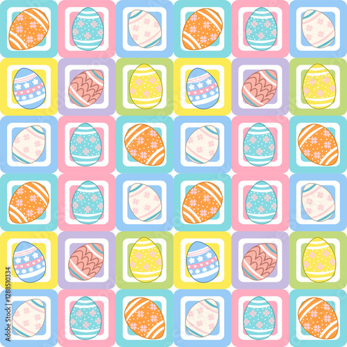Colorful seamless pattern with Easter eggs and flowers perfect for spring decoration and holiday designs