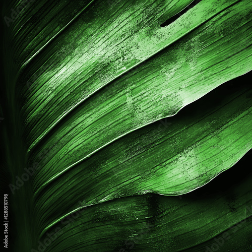 Extra close-up photograph of the texture of a green banana leaf.