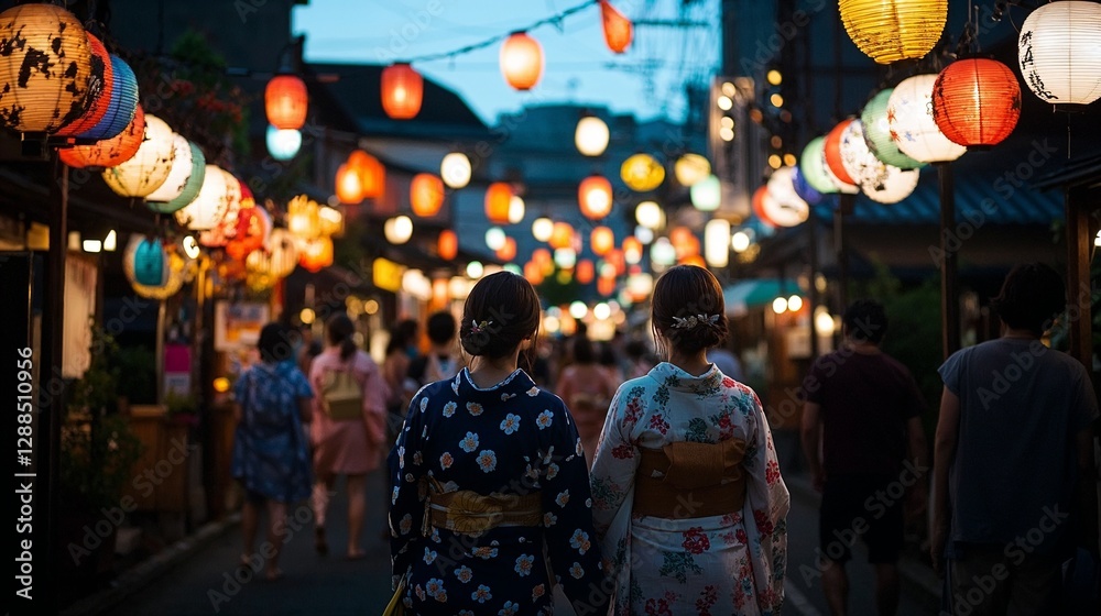 Obraz premium A festival street in Japan during Tanabata, filled with vibrant decorations, long flowing streamers, and people in traditional yukata enjoying the summer night, lanterns glowing warmly above.
