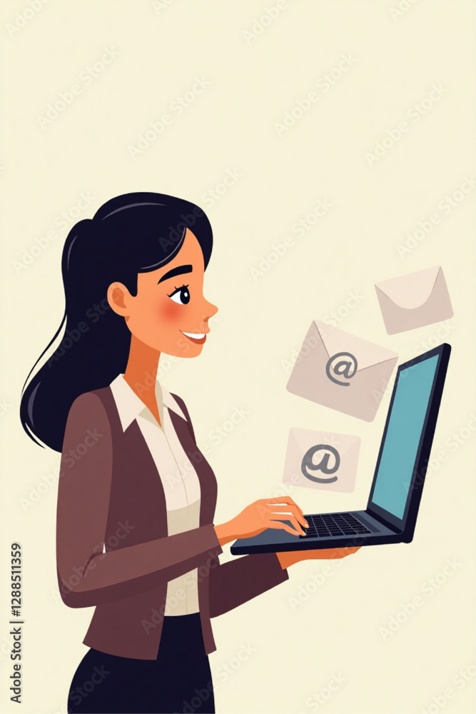 Professional woman using laptop to manage email lists for effective business communication and newsletters Professional woman using laptop to manage email lists for effective business communication and newsletters