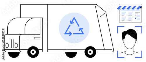 Delivery truck featuring recycling symbol, face recognition technology, and digital calendar schedule. Ideal for logistics, sustainability, technology, scheduling, delivery, recycling efficiency