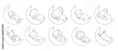 Baby lion, bunny and bear sleep on moon, vector line illustrations set for coloring book. Safari and woodland animals, outline drawing