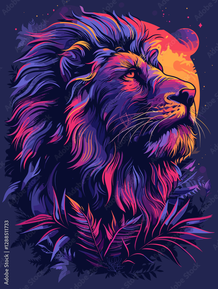 Colorful lion with a purple mane and a purple and blue background. The lion is looking at the camera Colorful lion with a purple mane and a purple and blue background. The lion is looking at the camera