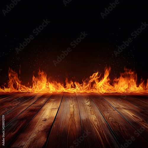 Fire on the wooden floor, black background.