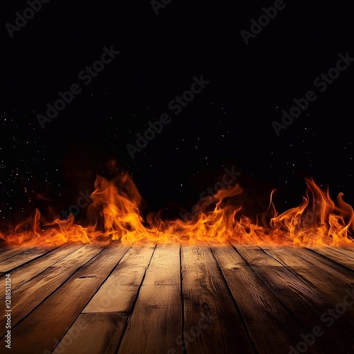 Fire on the wooden floor, black background.