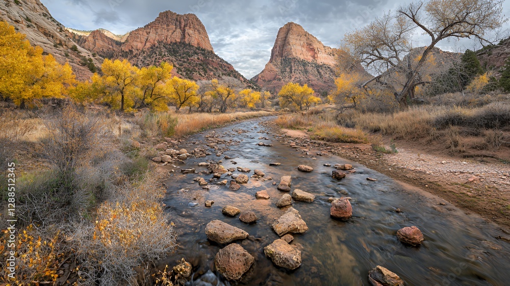 Autumn River Landscape in Canyon with Yellow Trees Autumn River Landscape in Canyon with Yellow Trees