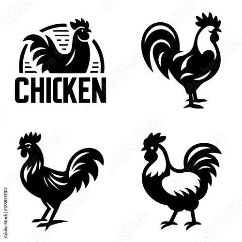 Vintage black and white rooster logos, retro chicken illustrations