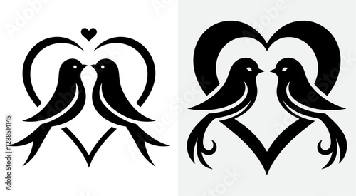 Two Lovebirds in a Heart,  tribal-style bird silhouettes illustration