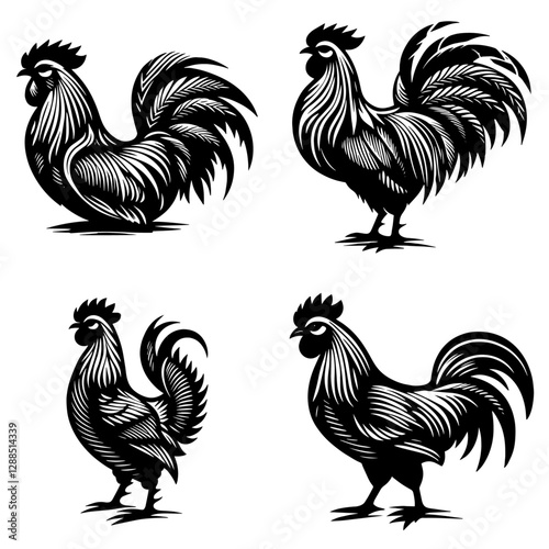 Vintage rooster silhouette illustrations, black and white woodcut style