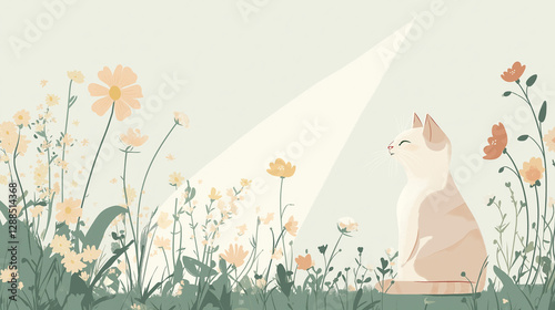 Cat sitting in a field of wildflowers under sunlight.