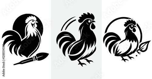 stylized chicken, black and white rooster silhouettes illustration, minimalist design