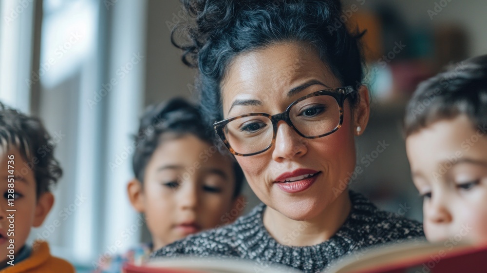 Obraz premium Woman reading book to kids at home, blurred background