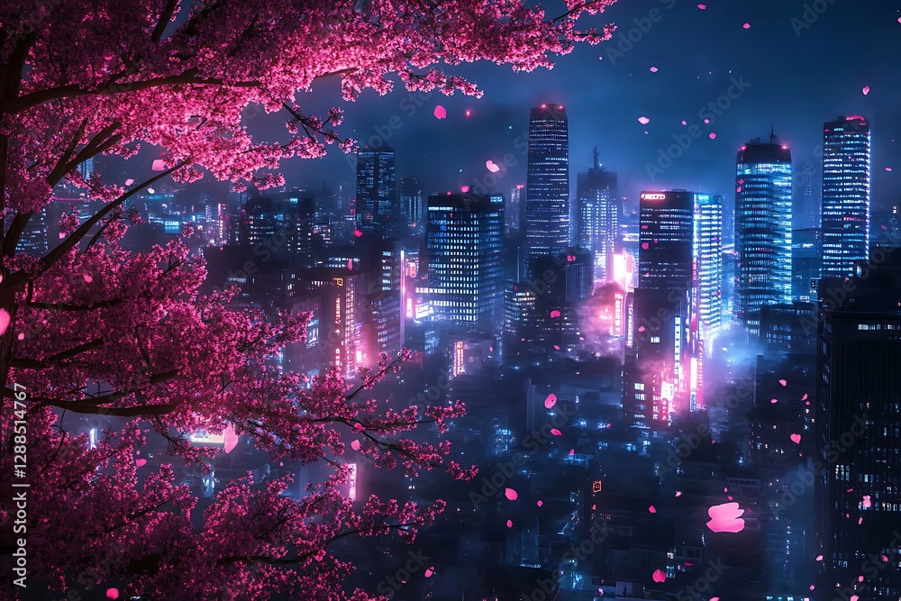 Fototapeta premium Cyberpunk Cherry Blossom Cityscape at Night