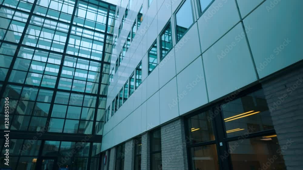 Exterior view of a modern hospital building with glass panels and steel framework. Reflection of the sky and surrounding structures visible on the surface. Location: Groningen UMCG, Netherlands.