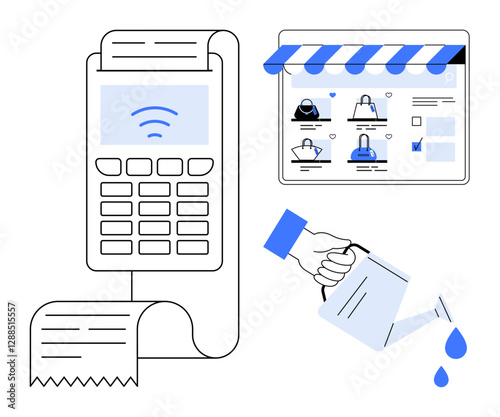 Payment terminal printing receipt, online store interface for product selection, hand watering small plants. Ideal for e-commerce, payment processing, online retail, growth, investment, start-ups