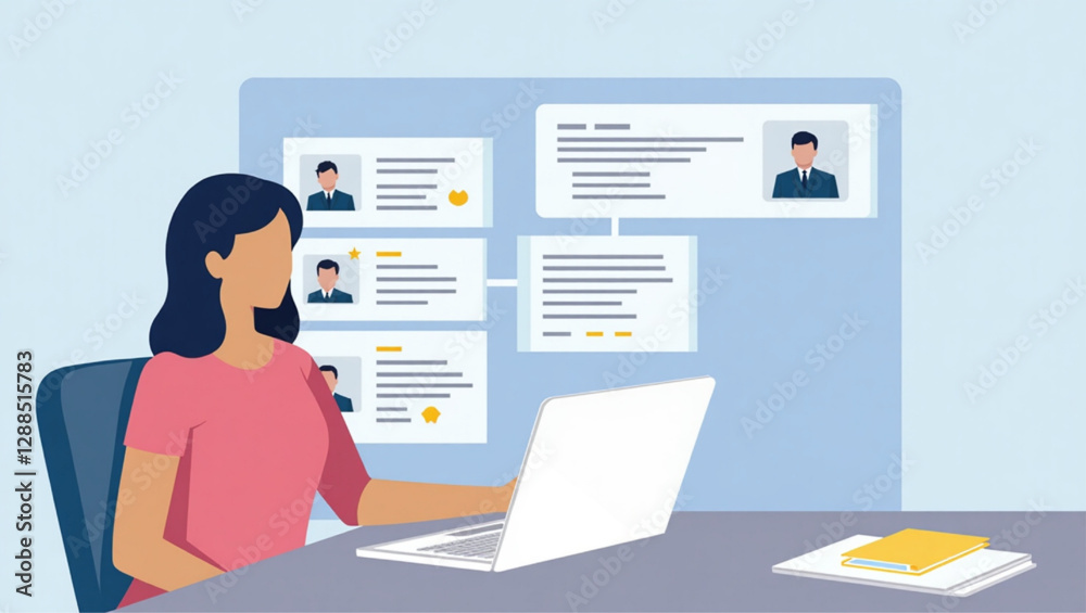 Recruiter Reviewing Resumes and Applications on Laptop, Searching for Qualified Job Candidates and Talent Recruiter Reviewing Resumes and Applications on Laptop, Searching for Qualified Job Candidates and Talent