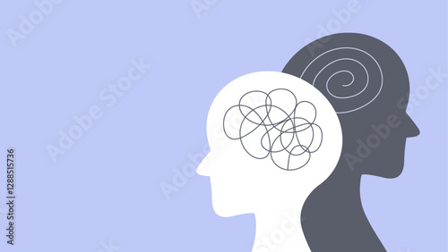 Silhouettes of two overlapping heads, one with a tangled scribble and the other with a smooth spiral, symbolizing mental health, thoughts, and mindfulness