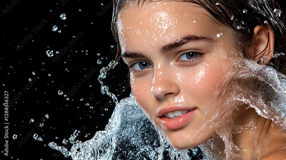 Fototapeta premium Woman, splashing, water, face, studio, beauty, skincare, ad