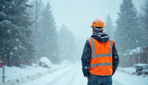 Wallpaper Mural Construction worker in orange vest and hard hat stands in snowing weather. Snowy winter landscape. Male with backview looks at road in blizzard. Cold frost ice snowfall. Site safety concept. Torontodigital.ca
