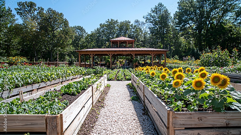Obraz premium Sunny flower and vegetable garden with walking path and wooden structure background
