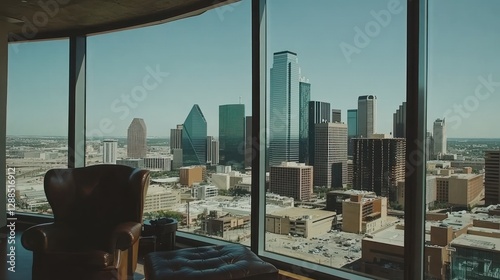 Dallas skyline viewed from luxury apartment, relaxing chair