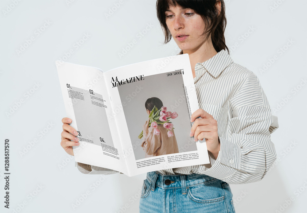 Mockup Of Woman Reading Customizable A4 Magazine Stock Template | Adobe ...