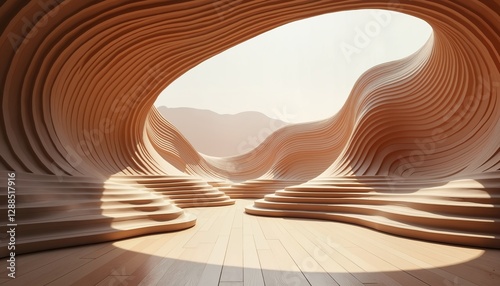 Abstract architectural space with flowing wooden curves in warm tones, futuristic design