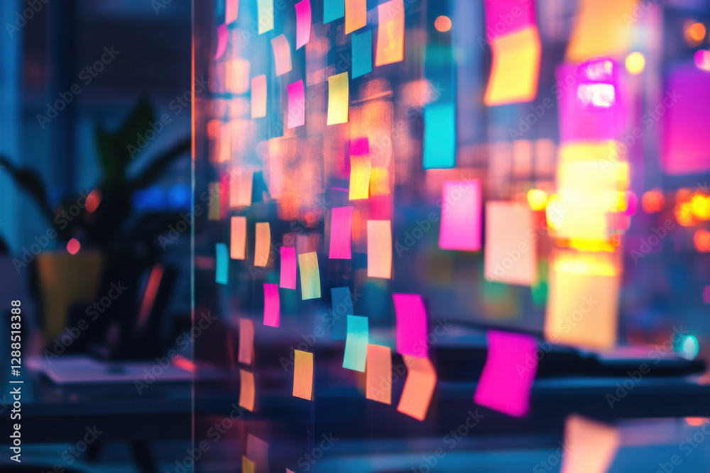 Fototapeta premium Colorful sticky notes adorn a glass wall in a vibrant office setting, reflecting creative brainstorming and collaboration.