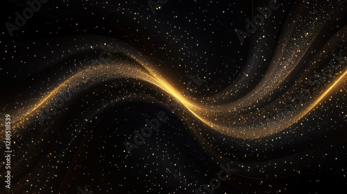 Abstract golden wave pattern with sparkling particles against a dark background, ideal for digital design